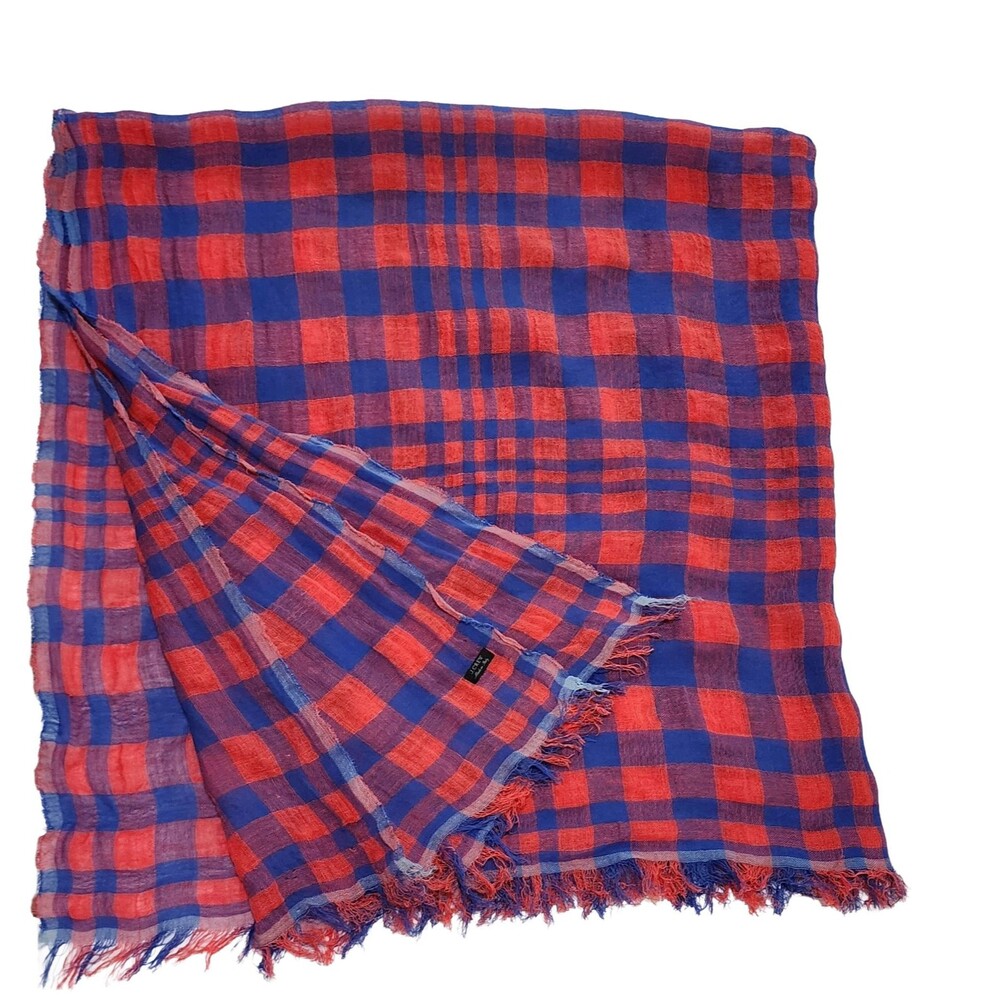J Crew Italy Square Crinkle Canvas Shawl Scarf Pink Blue Plaid Fringe Wrap 54.5"